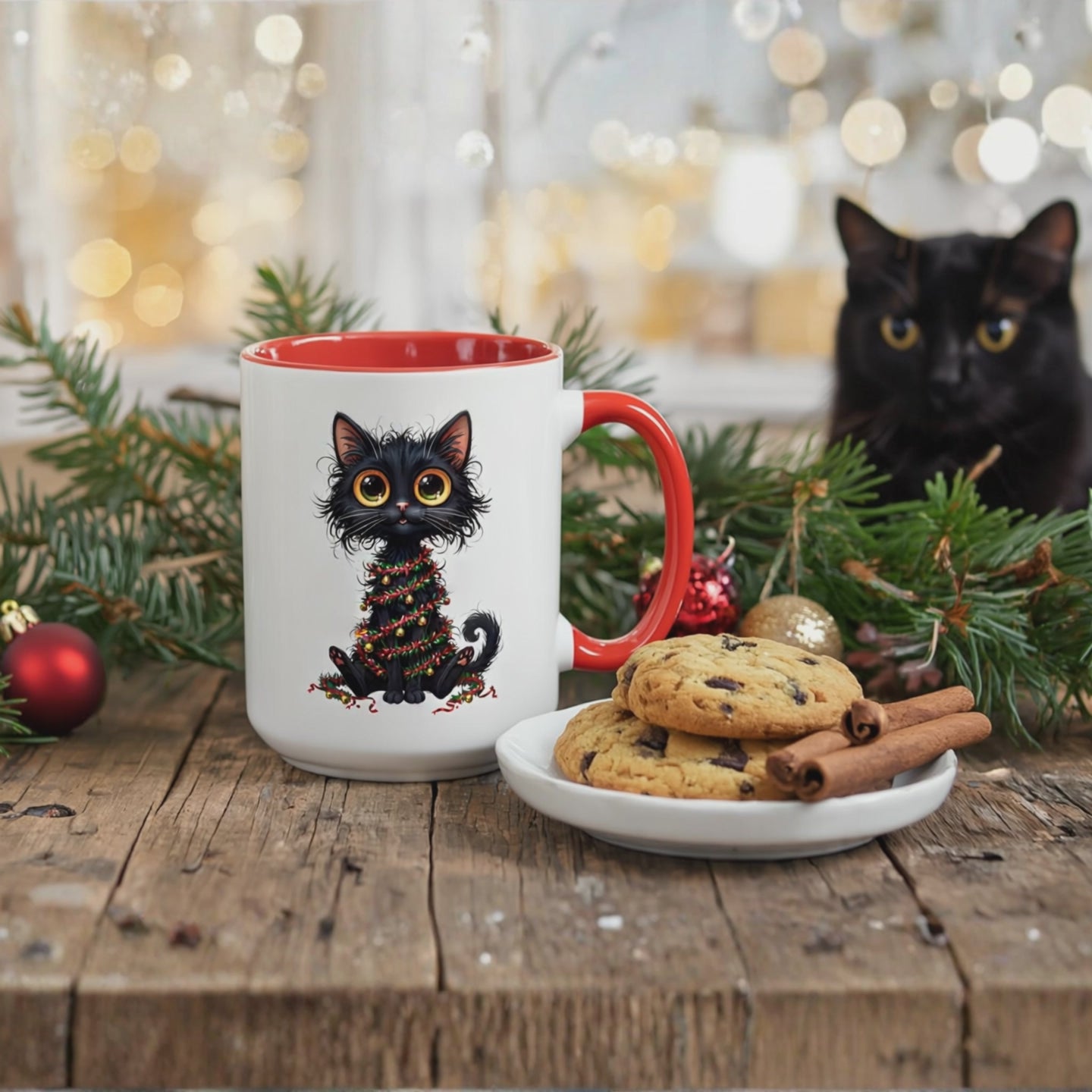 Coffee mug with cat on it and black cat walking towards it